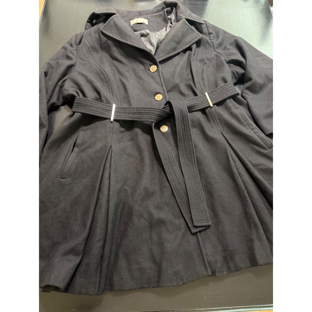 Michael Kors Black Hooded Belted Wool Blend Flare Pea Coat Womens 22W